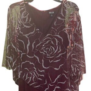 SLNY Asymmetrical Burgundy Dress with Silver Floral Design